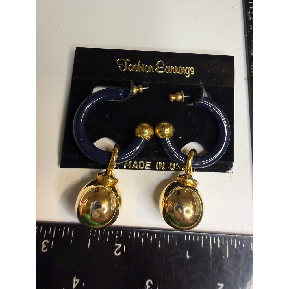 Vintage 80s Navy Blue Lucite Gold Orb Drop Hoop Earrings Made in USA Statement